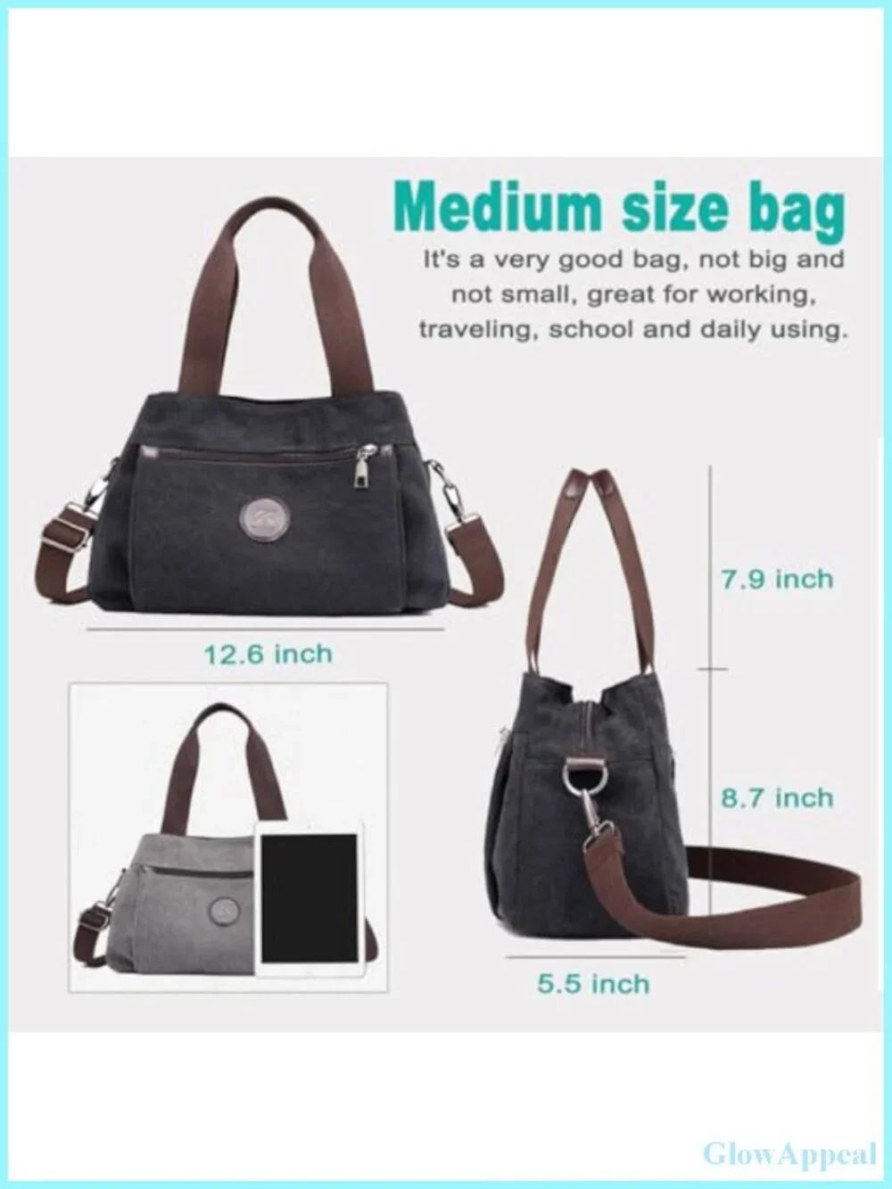 Canvas Hobo Crossbody Bag Women 3 Compartments Adjustable Strap